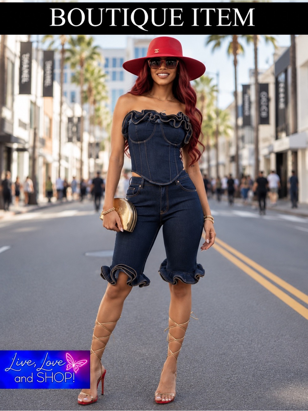 TWO PIECE SHORT SET: Dark Blue Wavy Ruffle Denim w/Zipper Fringe, NIP